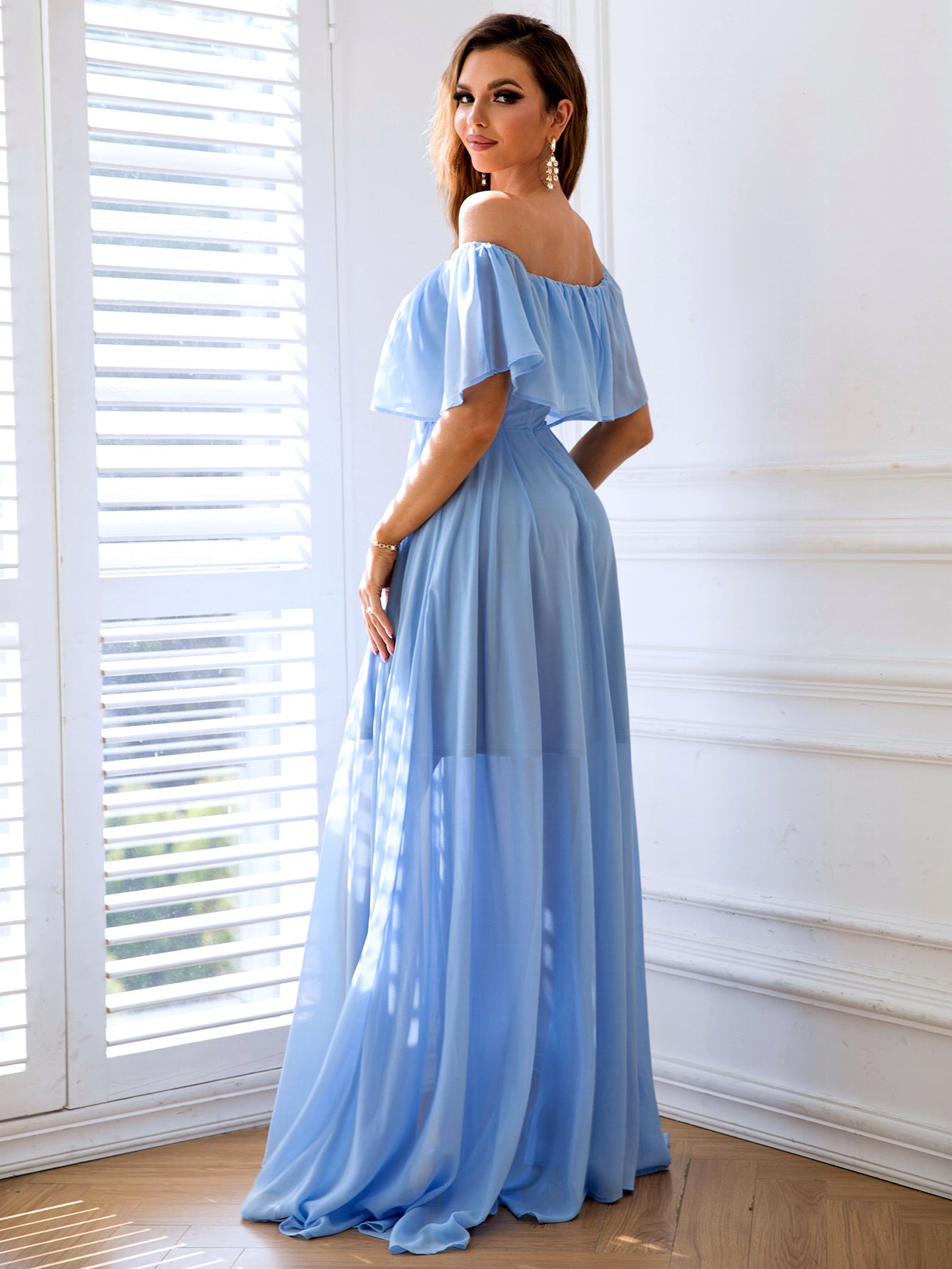 Off-Shoulder Ruffle Split Maxi Dress