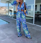 Set Lace-Up Printed Long Sleeved Top Pocket Trousers