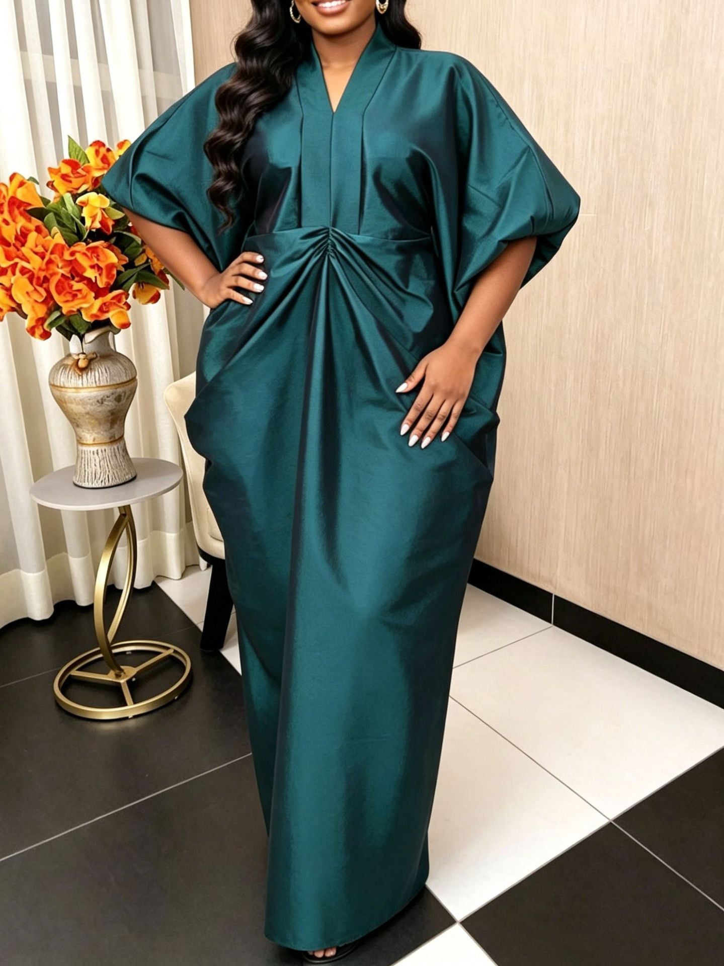 Teal satin maxi pleated dress, V-neck, side pockets, batwing sleeves