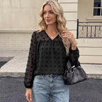 Gentle Lightly Mature Black Flocking V neck Lantern Sleeve