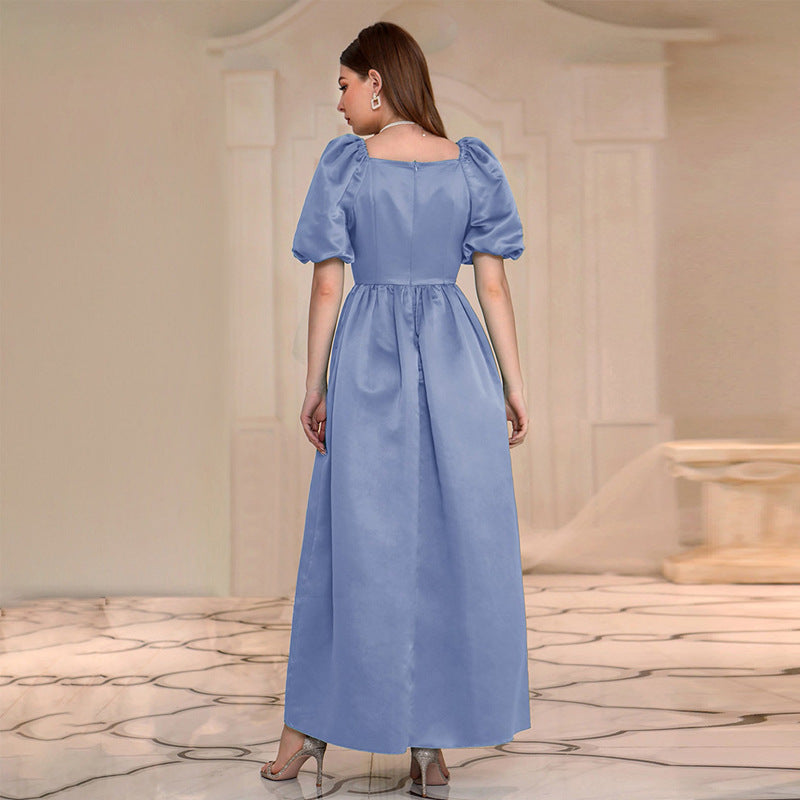 Women's Blue Square Neck Puff Sleeve A Line Dress