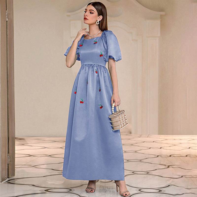 Women's Blue Square Neck Puff Sleeve A Line Dress