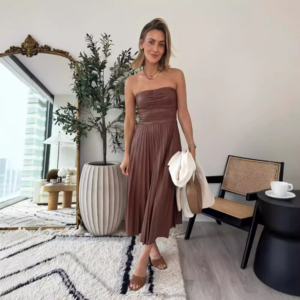 Women's Pleated Leather Midi Dress
