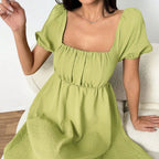 Women's Sexy Elegant Summer Square Collar Puff Sleeve Short Sleeve Waist Controlled Design Short Dress