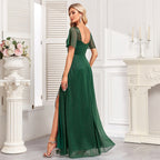 Women's Elegant Short Sleeve Square Collar Shiny Bright Tulle Evening Dress