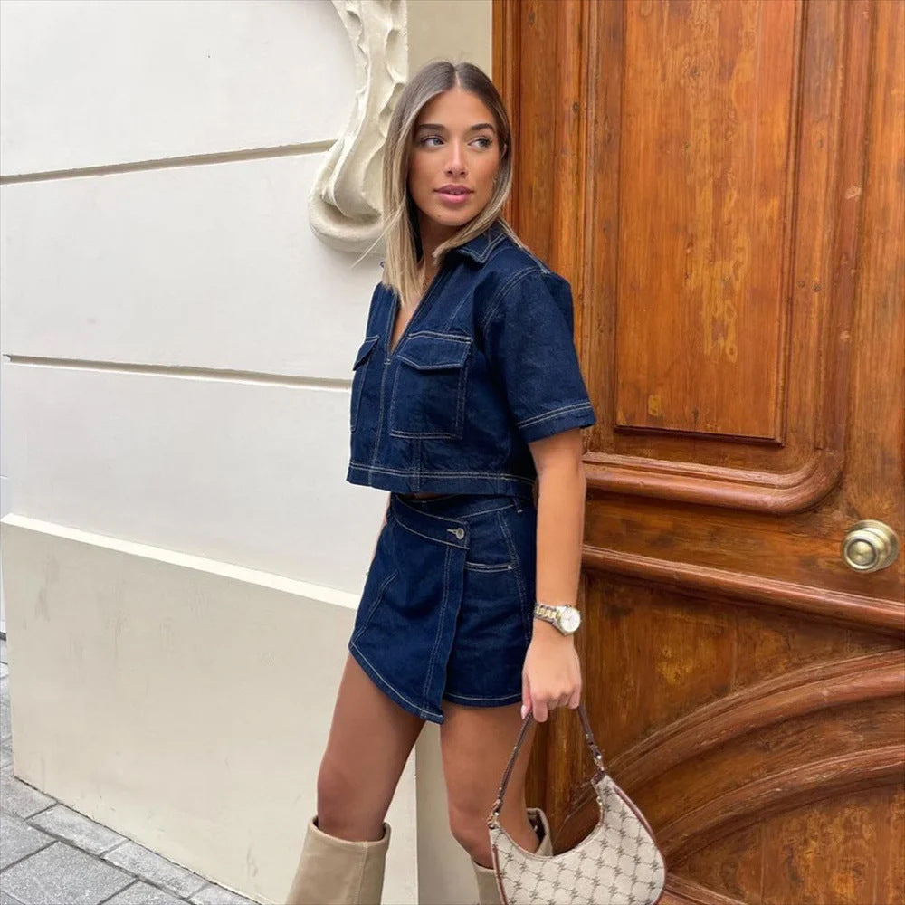Women's Workwear Denim Summer V Top and Pants Two-Piece Set