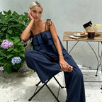Ruffled Spaghetti Straps Wide Leg Pants Set Women Lace up Waist Controlled Slimming Vacation Two Piece Set