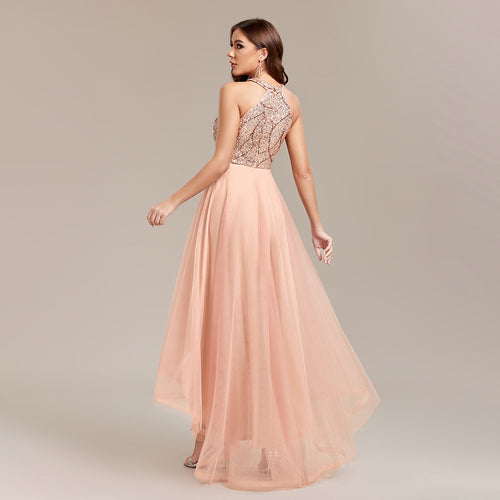 Women's Halter Sequin Lace Asymmetric Sleeveless A-Line High-Low Dress