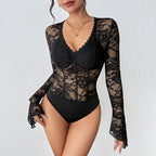 Black Lace V Neck Split Jumpsuit