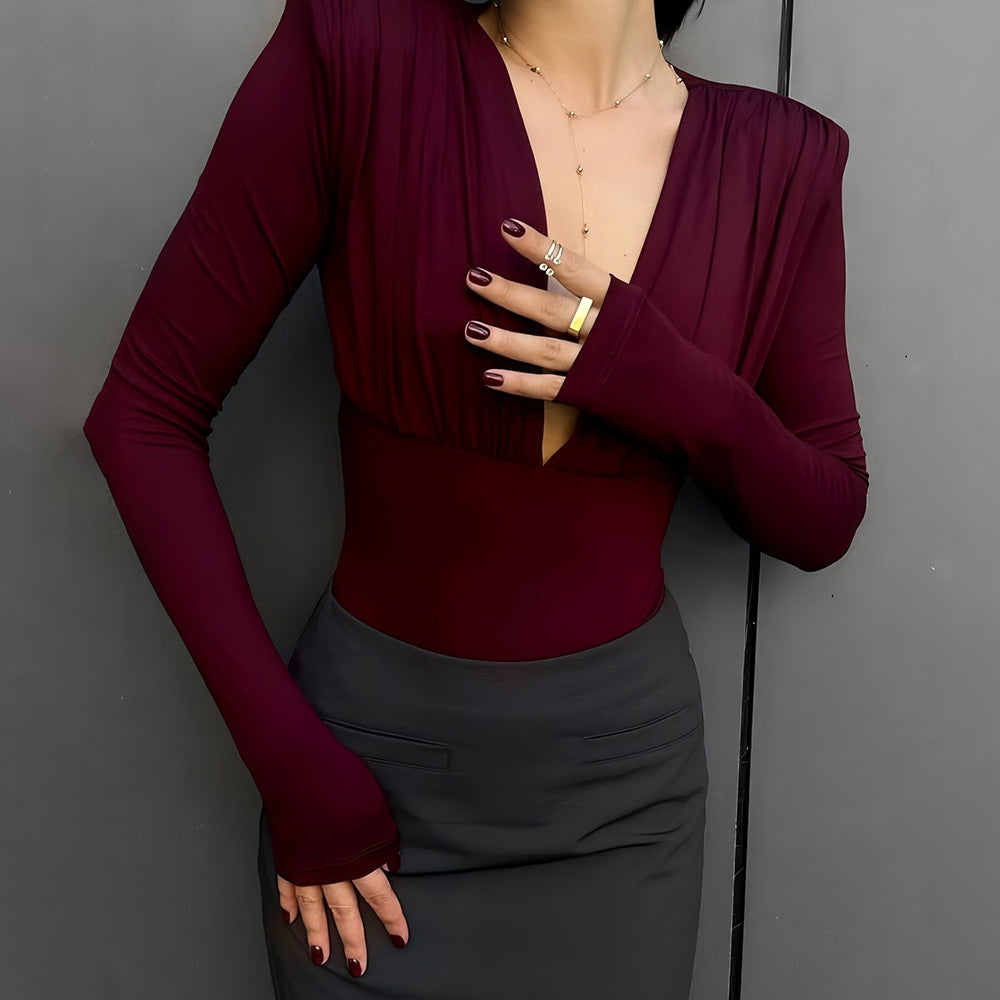 Deep V Neck Long Sleeve Bodysuit