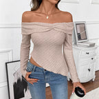 Asymmetric Off-Shoulder Knit Long Sleeve Top