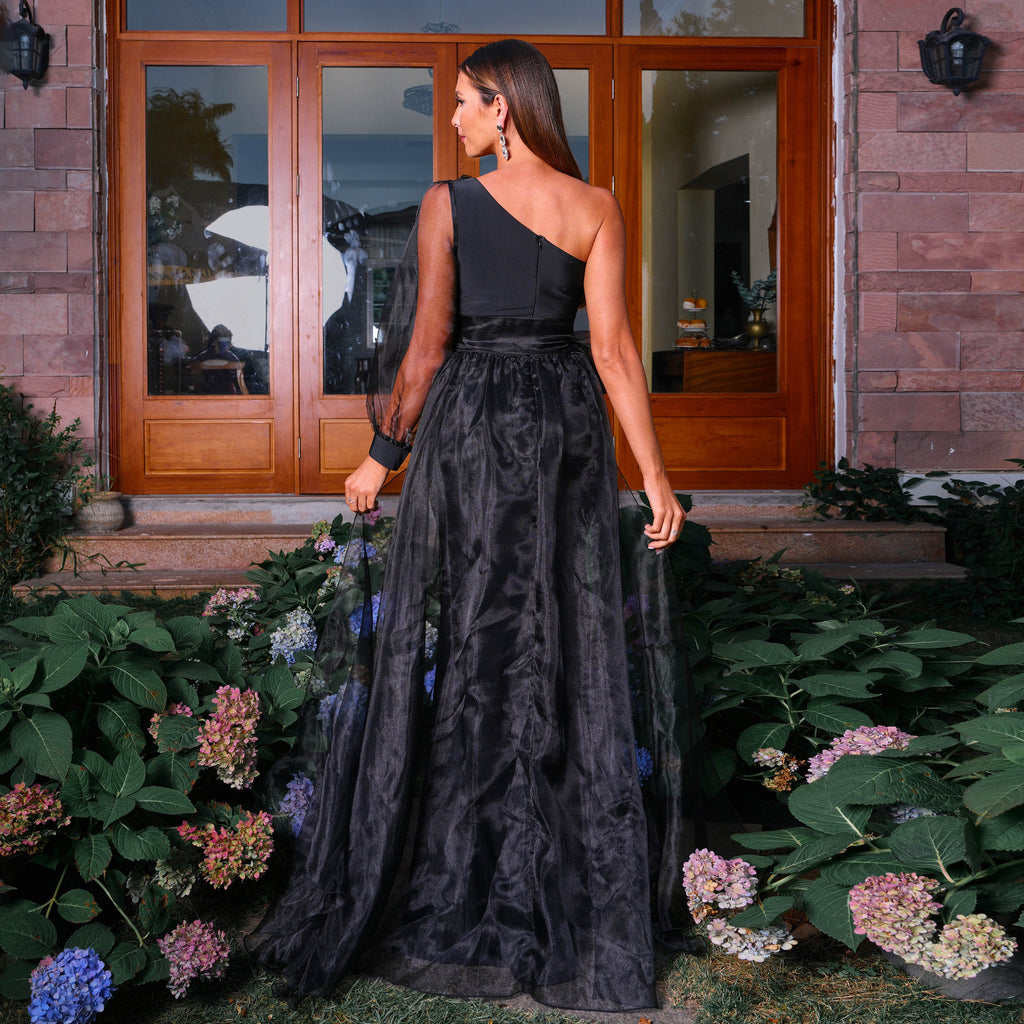 Black One Shoulder Mesh Slit A-Line Maxi Dress