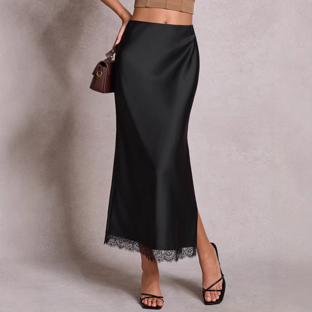 Satin Lace Split High Waist Elastic Sheath Skirt