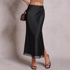 Satin Lace Split High Waist Elastic Sheath Skirt