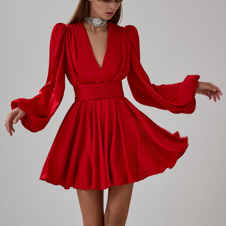 Pleated V-Neck Satin A-Line Dress