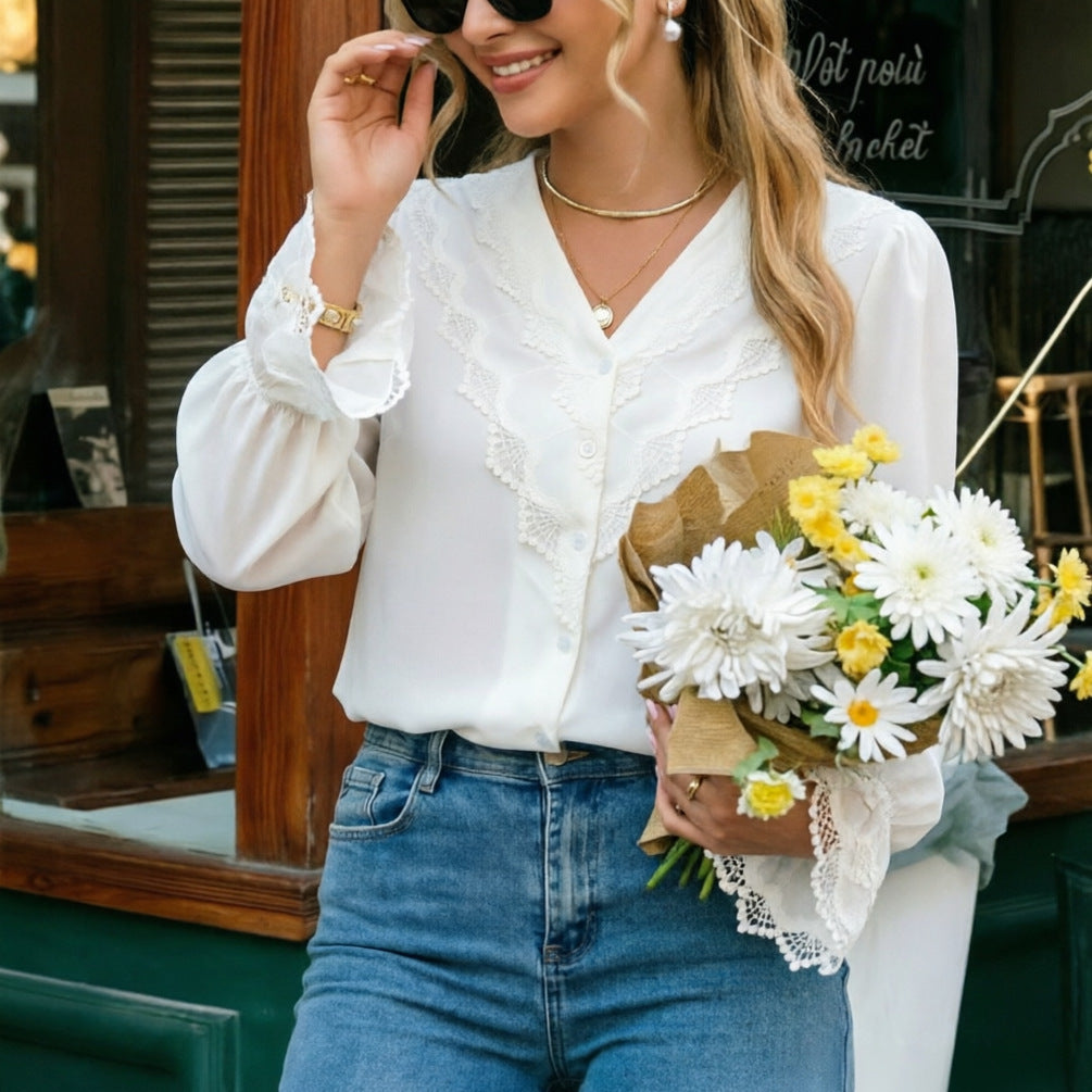 Early Autumn French White V neck Lace Shirt Women Summer High Grade Niche Shirt Long Sleeved Top