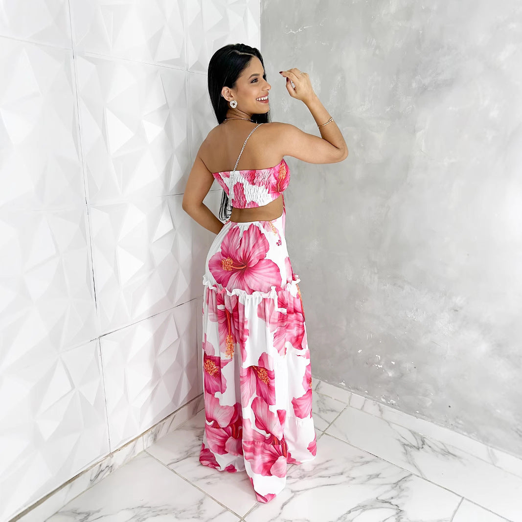 Women's Pink Printed Strapless Summer Dress