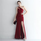 Women's Satin Slim Fit One-Shoulder Long Debutante Gala Dinner Slim Fit Dress