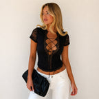 Sexy Lace Stitching Lace up CO Design Slim Top Street