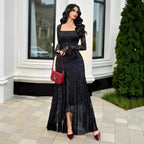 Mesh Jacquard Square Collar Irregular Asymmetric Slim Dress