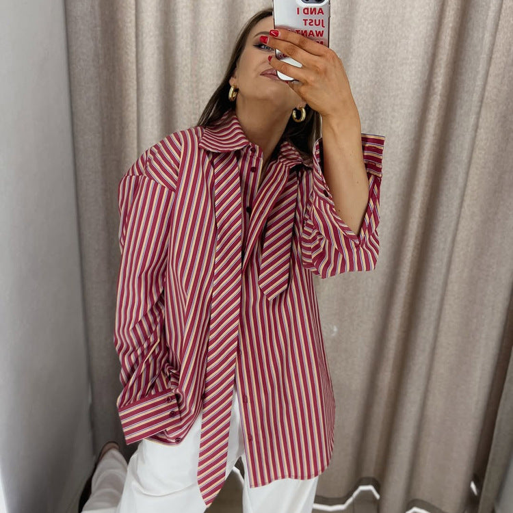High Grade Striped Tie Shirt Simple Casual Collared Long Sleeve