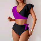 Purple and black ruffled V-neck bikini one-piece swimsuit with side-tie bottoms