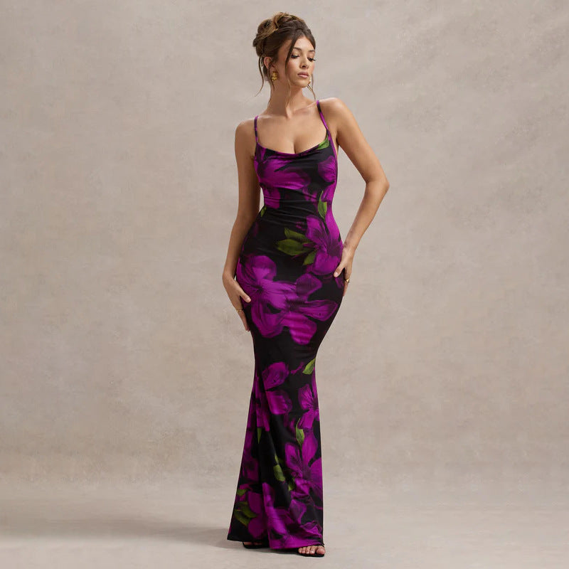 Women's Floral Print Cross Shoulder Strap Backless Slim Fit Inner Dress