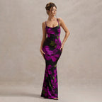 Women's Floral Print Cross Shoulder Strap Backless Slim Fit Inner Dress