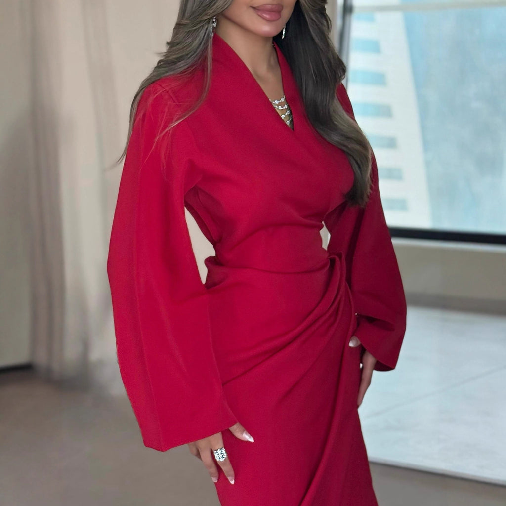 Women Clothing Fall Sexy Pleated Long Sleeve V neck Dress
