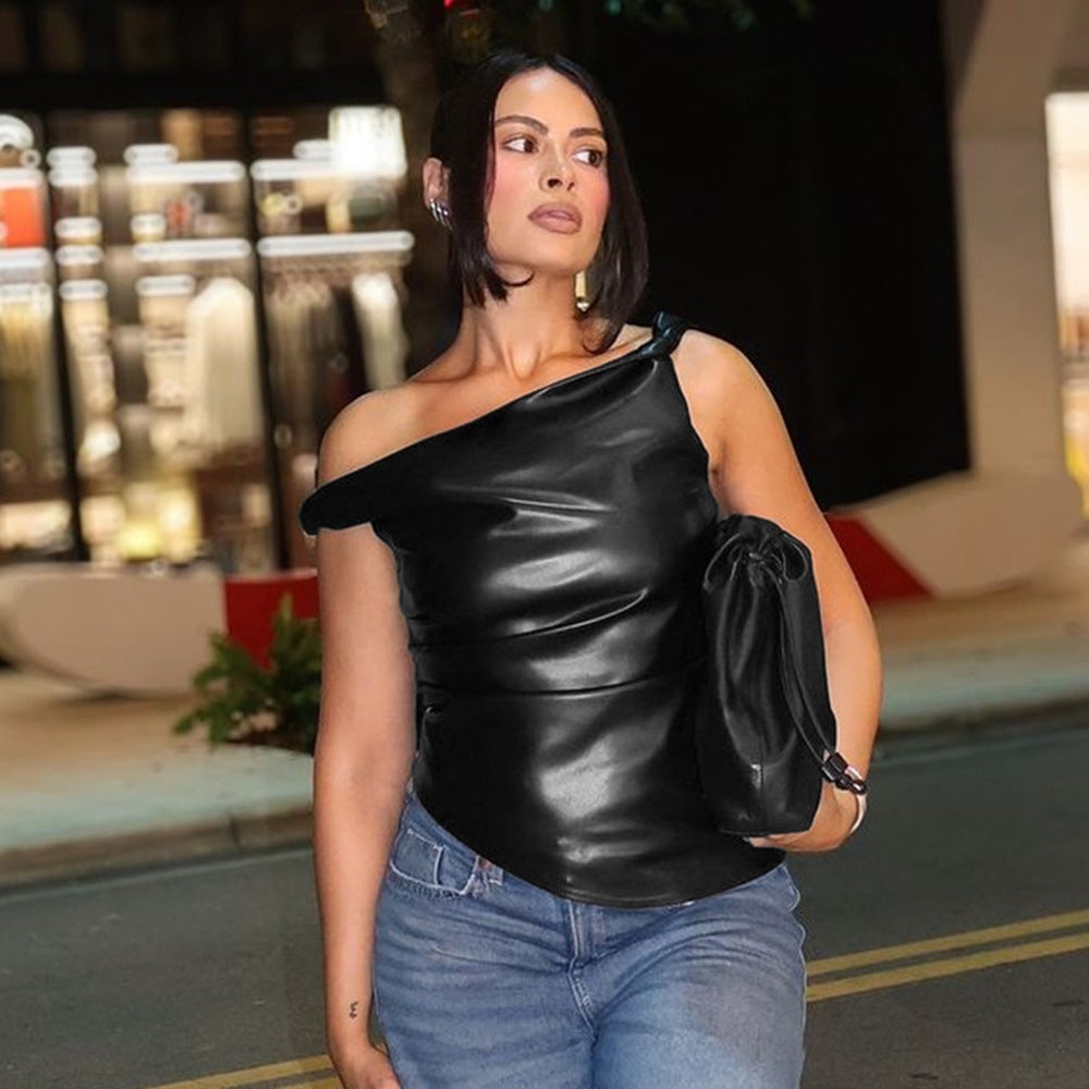 's Sleeveless Vest Leather Oblique Shoulder Personality