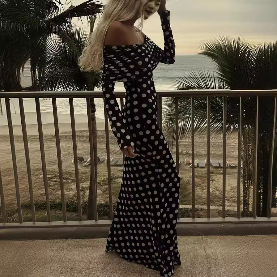 Gauze Polka Dot Stitching Off-Shoulder Slim Dress