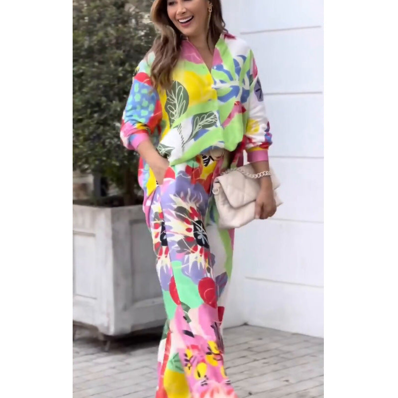 Women's Office Long Sleeve Loose Shirt High Waist Wide Leg Pants