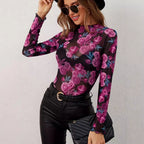 Floral Print Gauze Stand Collar Top