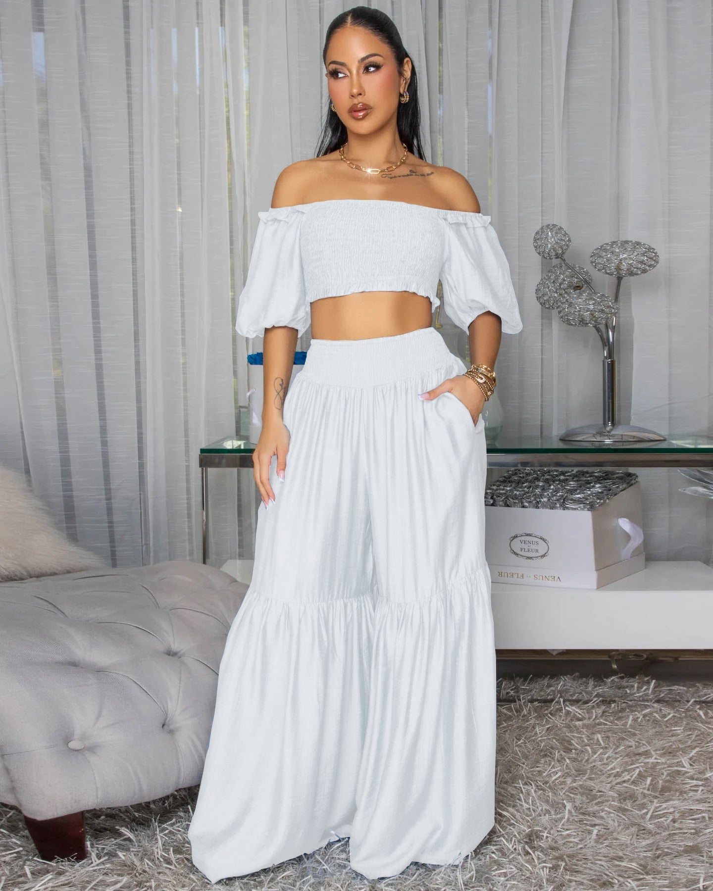 White off-shoulder puff-sleeve crop top with tiered maxi skirt two-piece outfit