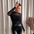 Sheer Mesh Rhinestone Long Sleeve Top