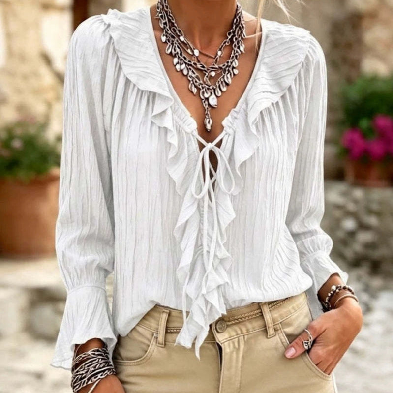 Ruffled Tied Bell Sleeve Pleated Long Sleeve V neck Top