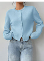 Sky blue knitted cardigan for women, round neck, button front, long sleeves