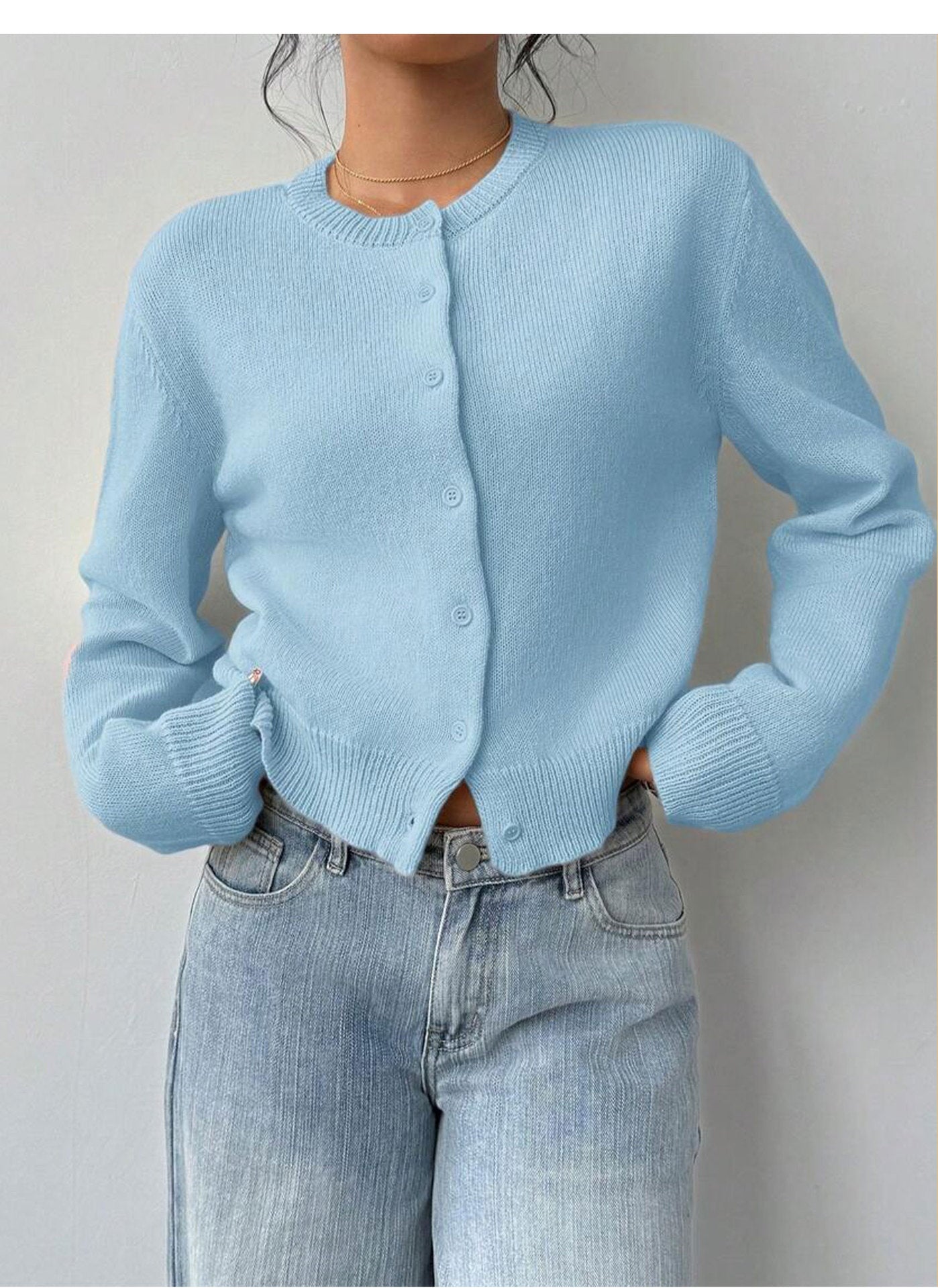 Sky blue knitted cardigan for women, round neck, button front, long sleeves