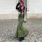 Women's Retro Printing Reverse Stitching Lace Edge Irregular Skirt