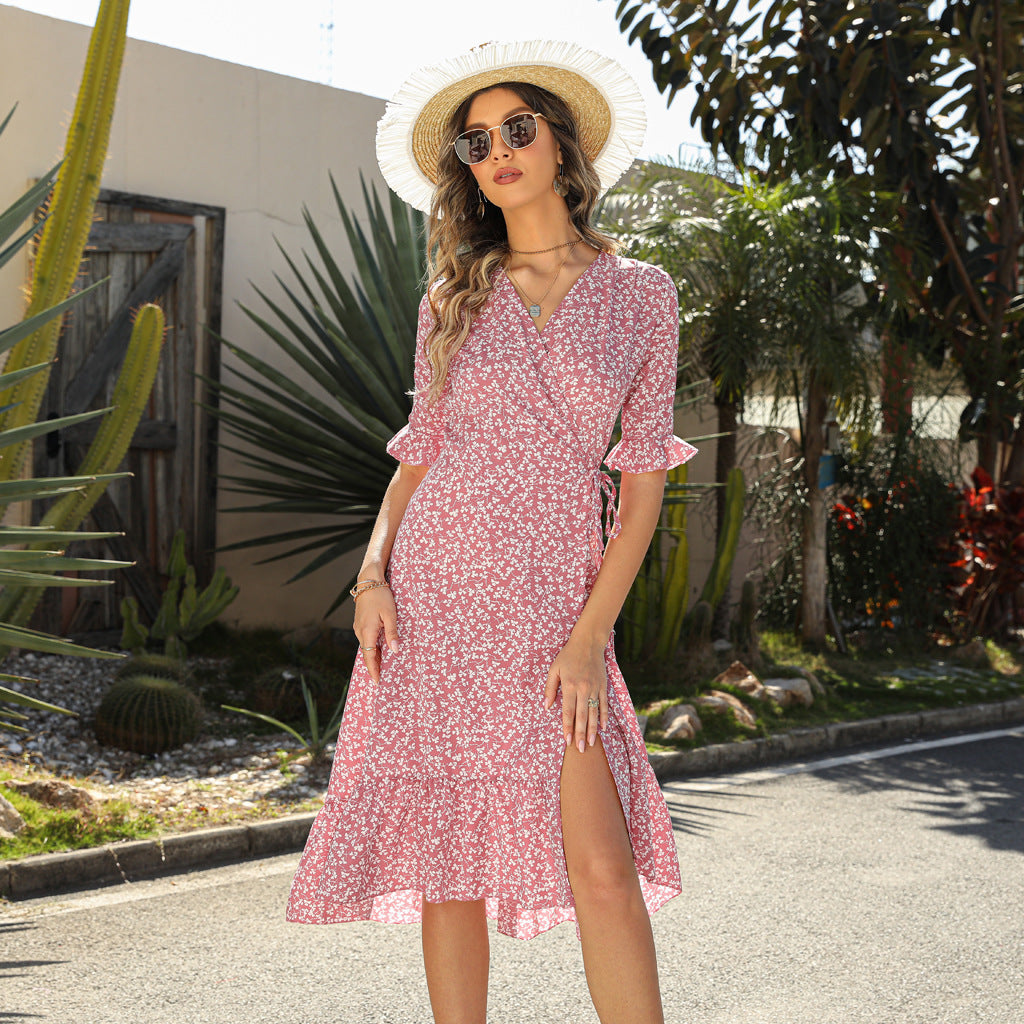 Women's Floral Chiffon V-Neck Beach Midi Dress