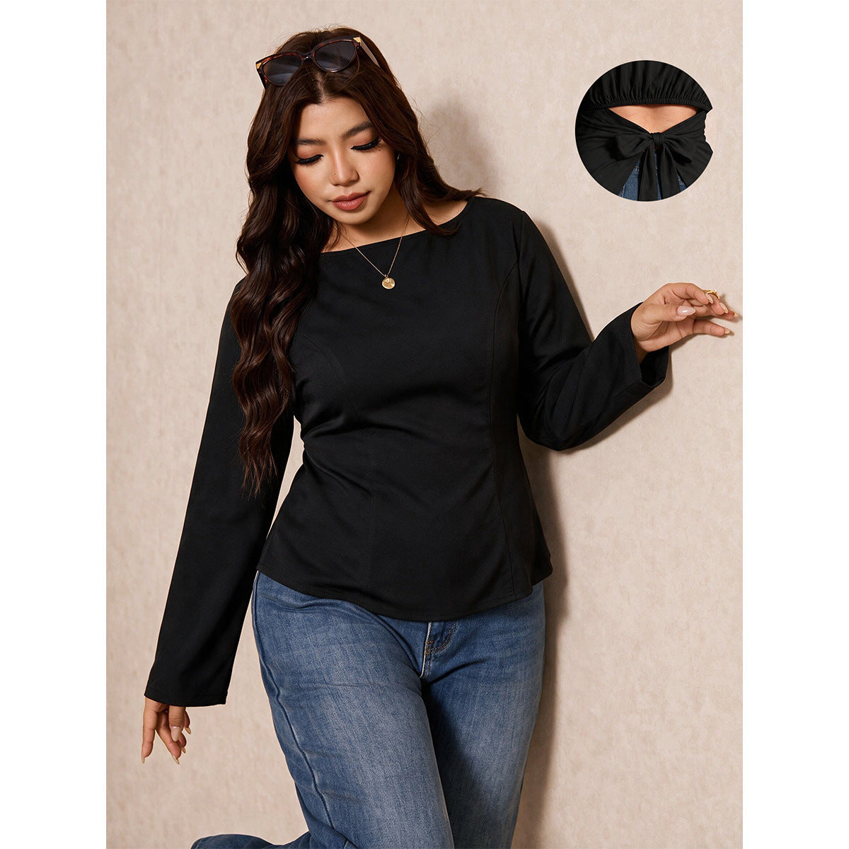 Plus Size Black Shirt Neck Back Bandage Hollow Out Cutout Slim Fit