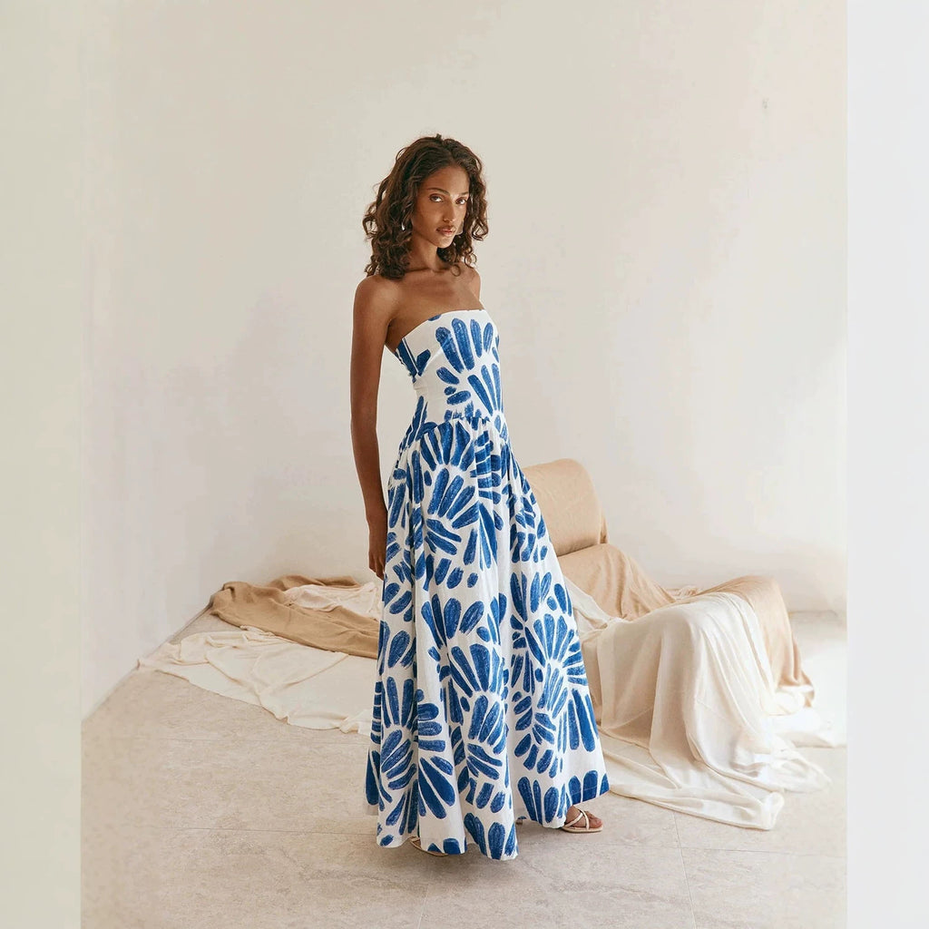 Strapless maxi dress in white with blue abstract floral tie-dye print, long skirt