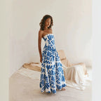 Strapless maxi dress in white with blue abstract floral tie-dye print, long skirt