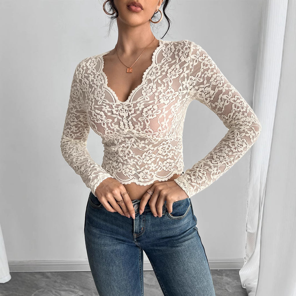Women's Spring Summer Women Solid Color Sexy Lace V Neck Long Sleeved T Shirt Top Women
