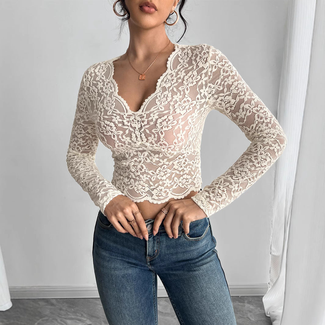 Women's Spring Summer Women Solid Color Sexy Lace V Neck Long Sleeved T Shirt Top Women