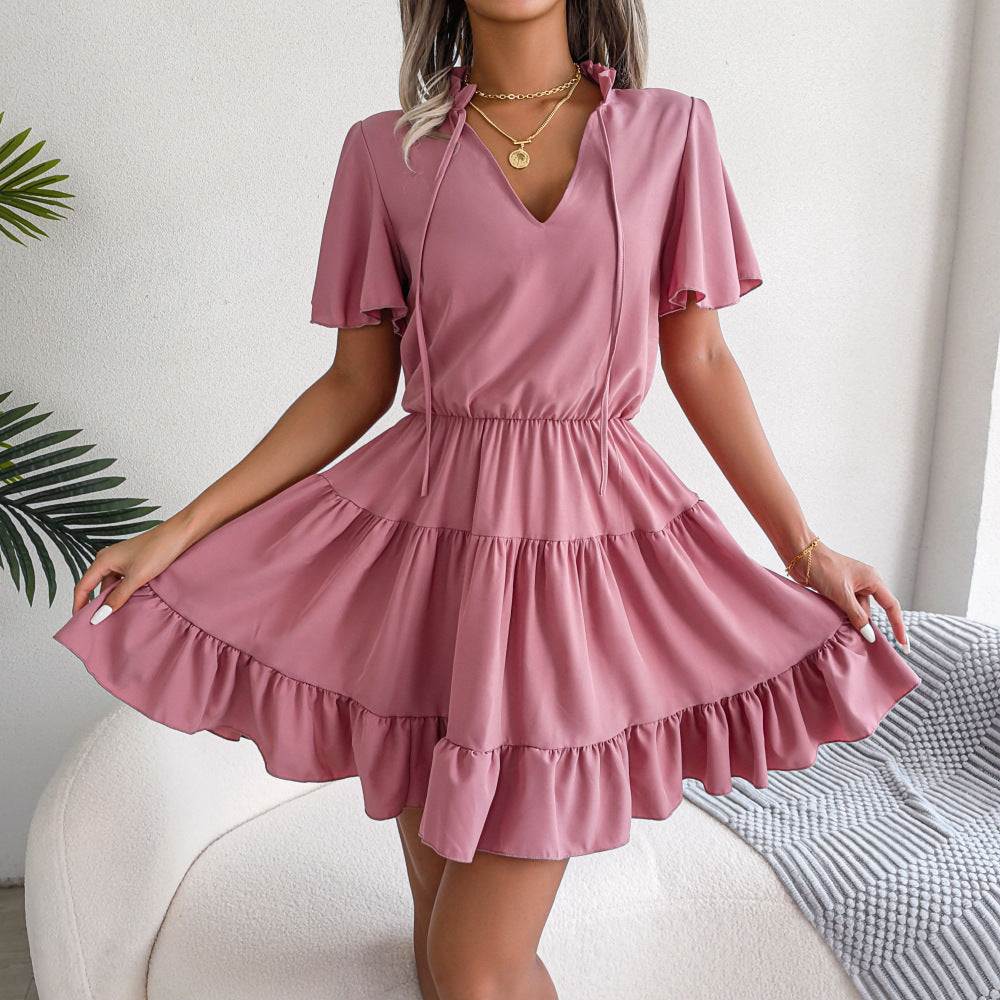 Chiffon V-Neck Ruffled Tiered Mini Dress