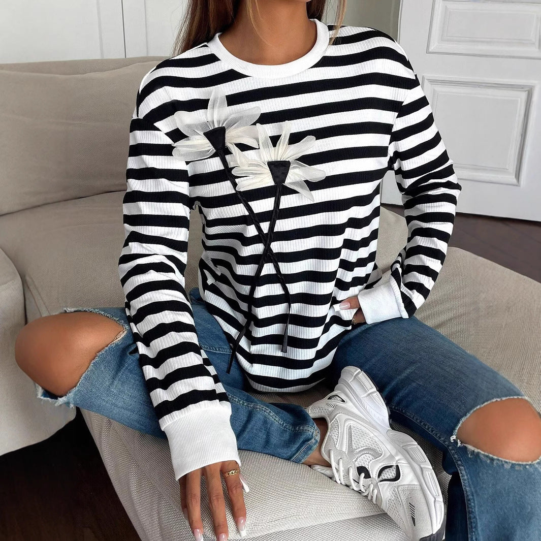 Striped Floral Long Sleeve Sweatshirt Top