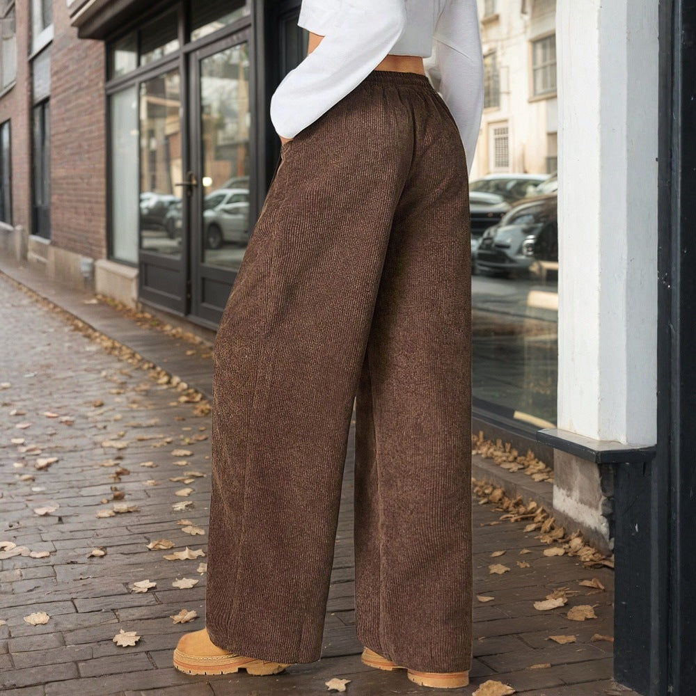 Women's Women Clothing Dark Brown Loose Casual Pants Autumn Winter Draping Elastic Waist Wide Leg Slimming Trousers