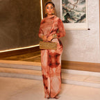 Long sleeve winter dress in orange and cream abstract floral print, high neckline