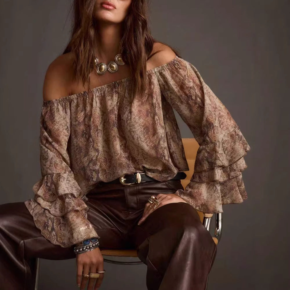 Women's Spring Summer Women Casual Printed Off Shoulder Chiffon Top